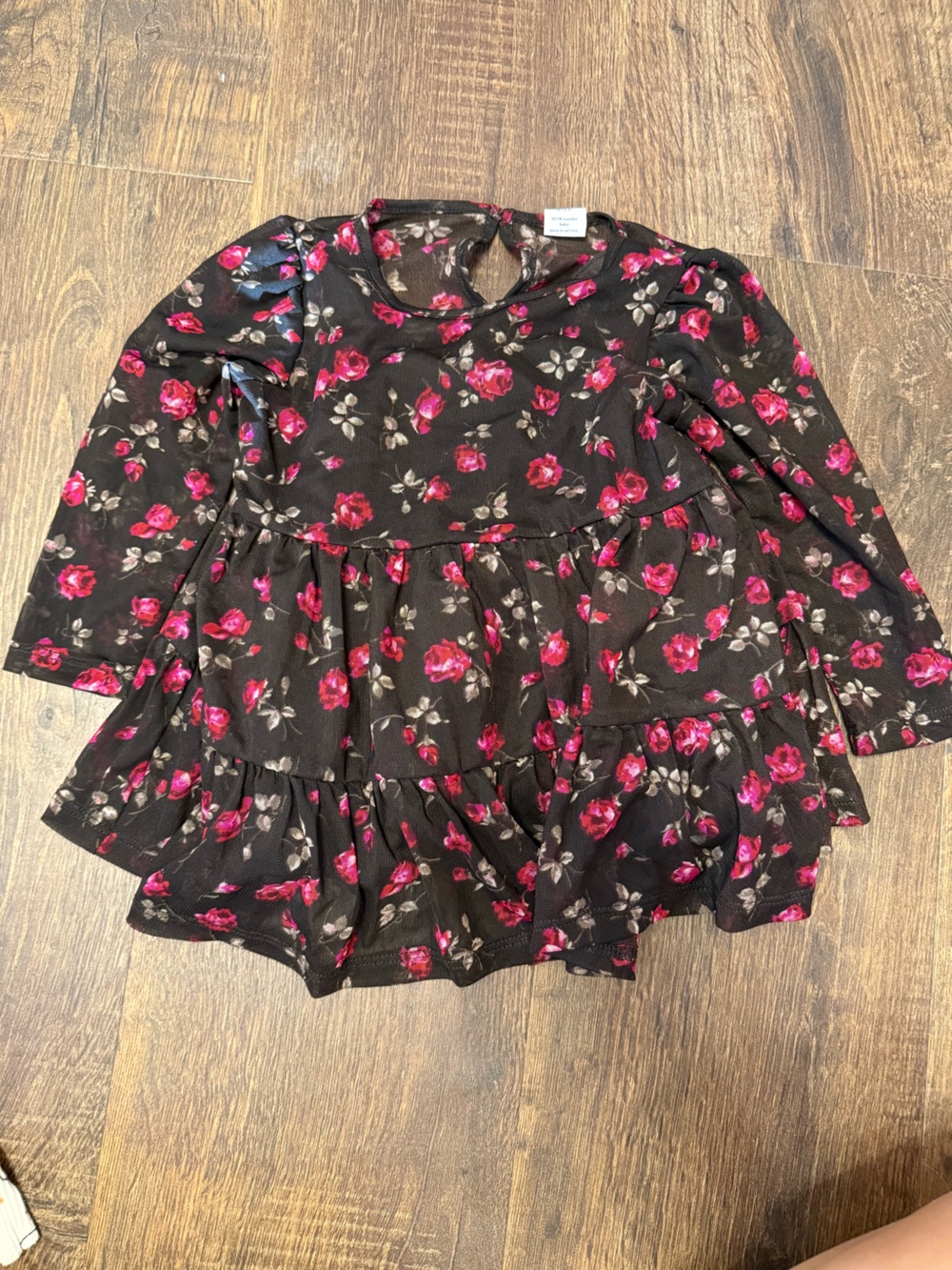 GAP Black Floral Long-Sleeve Dress with Pink Roses